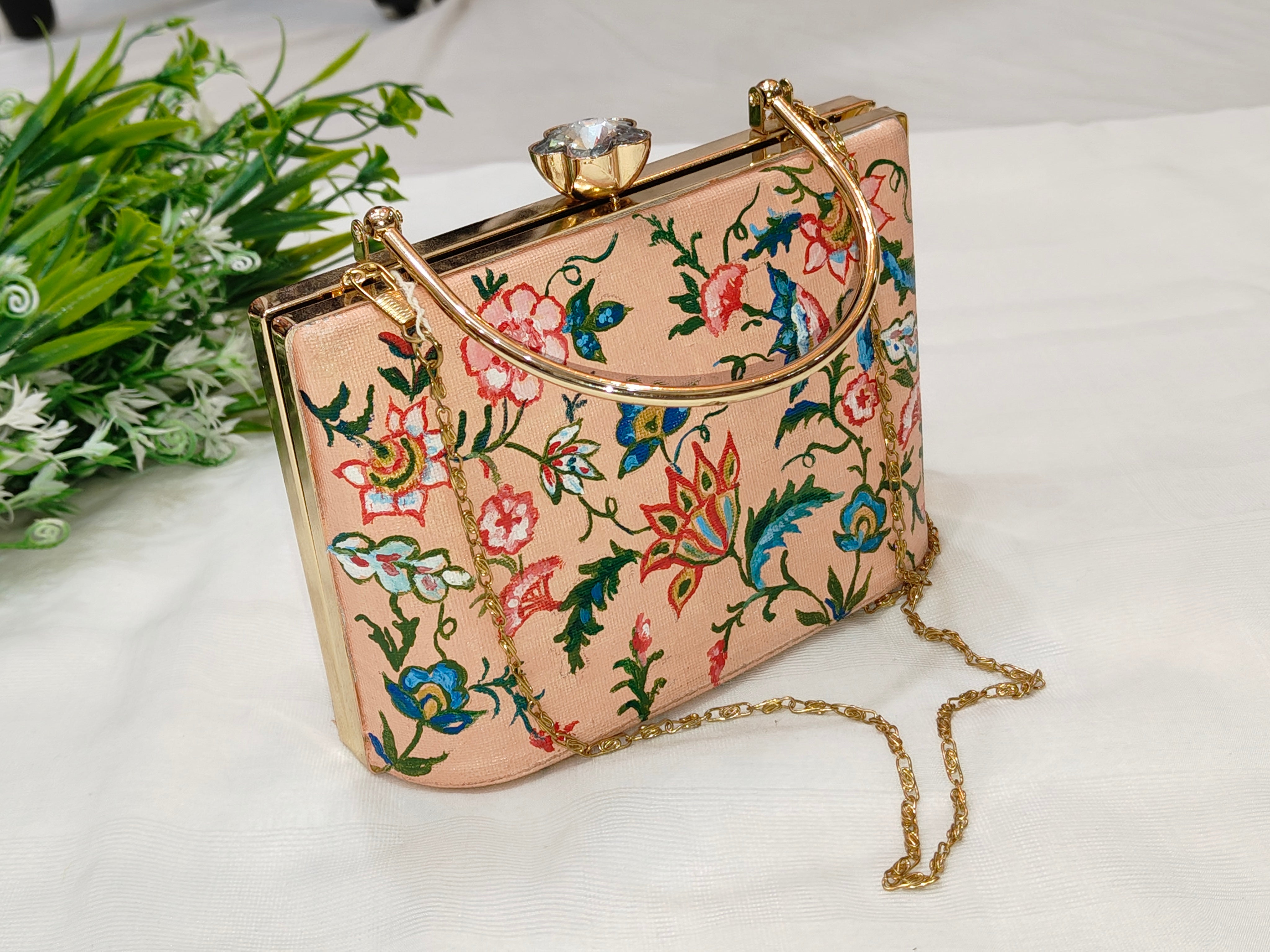 Handpainted Floral Clutch – Peach Base